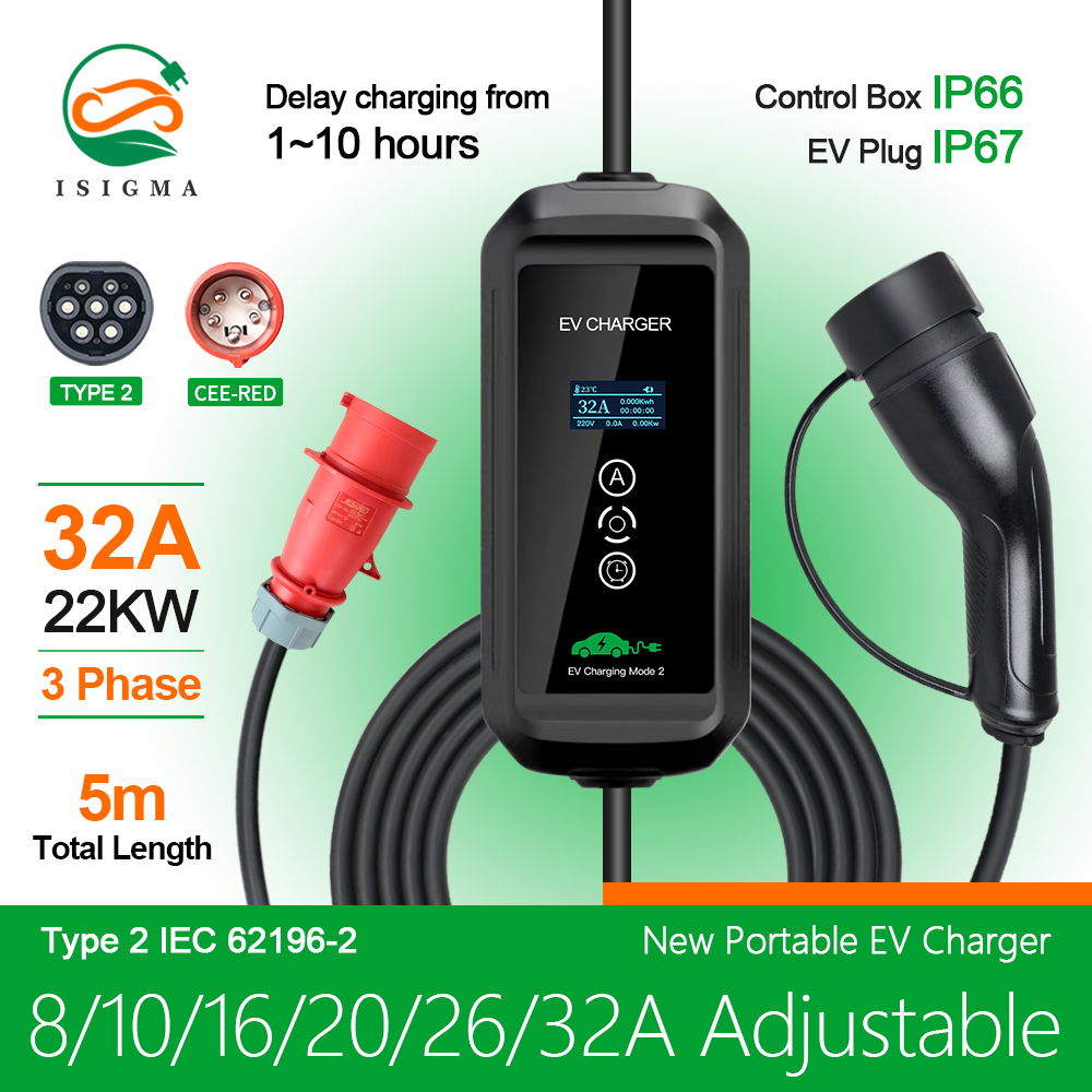Ev Charger Type 2 22Kw 32A 3 Phase - 電気自動車充電器ev,タイプ2,22kW,32A,22kW,380V,5mケーブル,電気自動車用